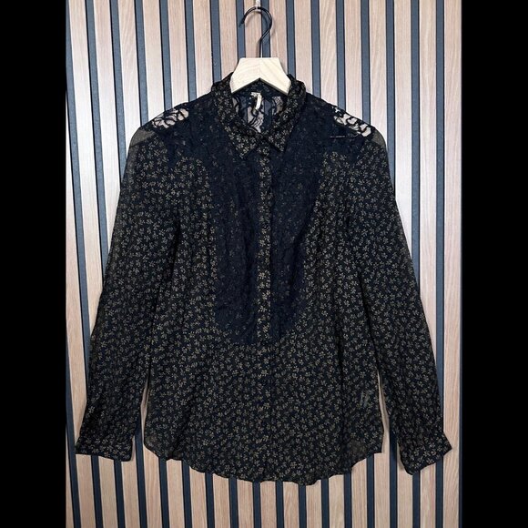 Free People Shirt Small Womens Brown Long Sleeve Collared Lace Trim Floral - Picture 1 of 7
